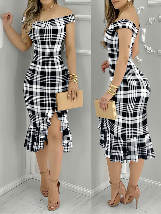 Plaid Pattern Off Shoulder Dress, Elegant Backless Ruffle Hem Split Slim Fishtail Dress, Women's Clothing