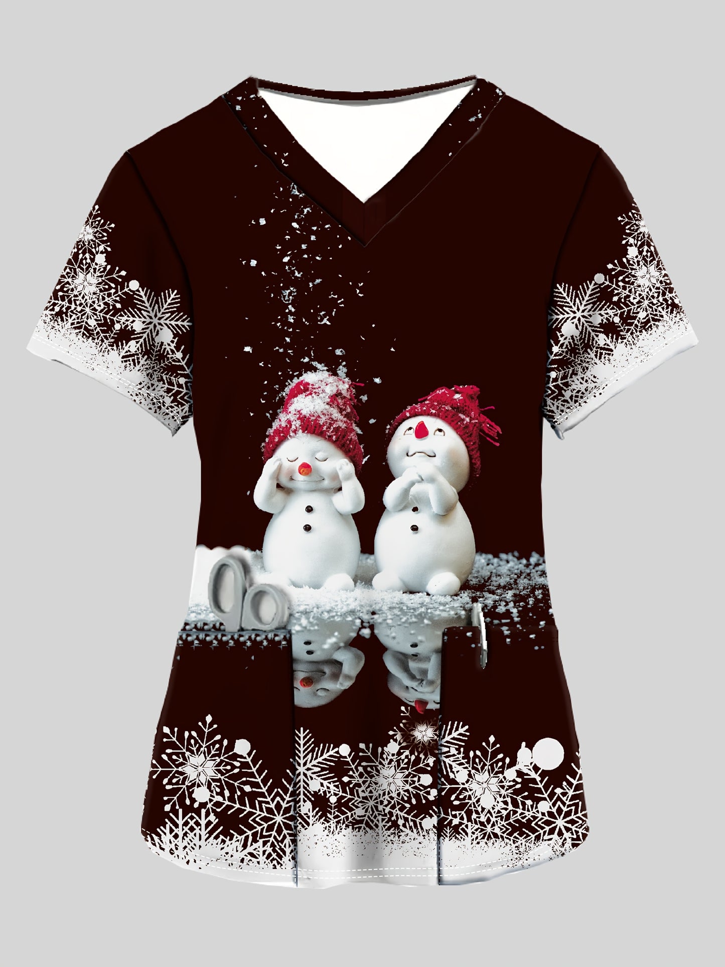 Blusa médica con estampado de muñeco de nieve navideño para enfermeras: linda camiseta de cuello en V para mujer, 95 % poliéster, 5 % elastano, tejido de punto para todas las estaciones con detalle de bloques de color