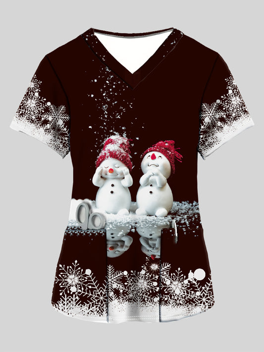 Christmas Snowman Print Scrub Top for Nurses - Women'S Cute V-Neck T-Shirt, 95% Polyester 5% Spandex, All Season Knit Fabric with Color Block Detail