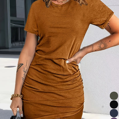 Women's Casual Short Sleeve Round Neck Dress - Stretchy Polyester Blend, Ruched Detail