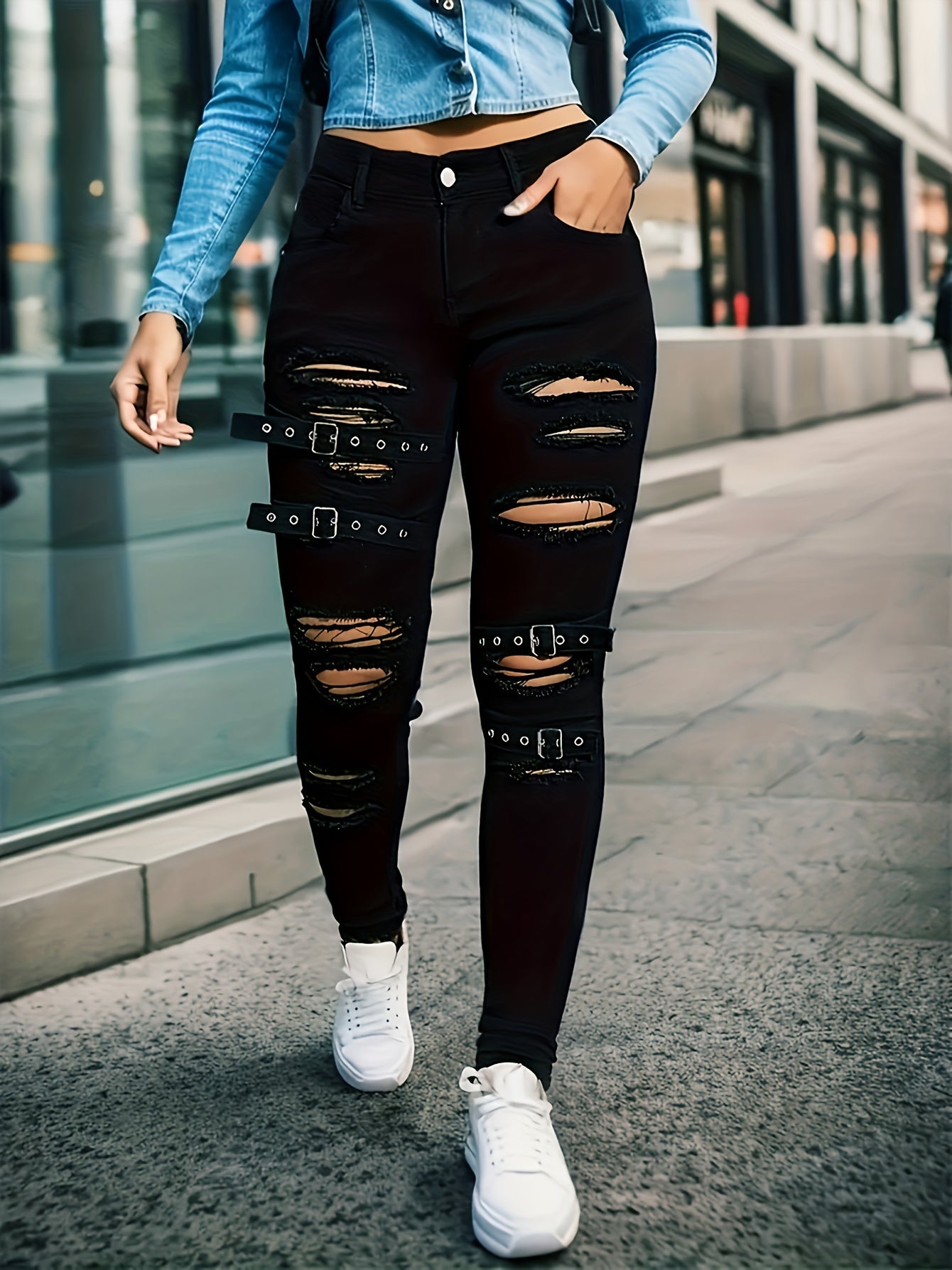 Buckle Ripped Plain Jeans, Distressed Gothic Punk Style Skinny Denim Pants, Women's Denim Jeans & Clothing