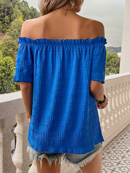 Blusa con hombros descubiertos y volantes elegantes, manga corta, color liso, esencial para primavera y verano: ropa de mujer con estilo elegante