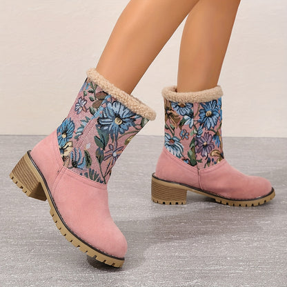 Women's Floral Print Fuzzy Boots, Slip On Soft Sole Chunky Heel Soft Sole Boots, Winter Non-slip Plush Snow Boots - LuxyXO