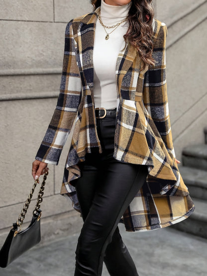 Chaqueta elegante acampanada a cuadros: manga larga elegante, dobladillo alto-bajo, botones en la parte delantera, prenda esencial para otoño e invierno, ropa de moda femenina para un estilo elegante