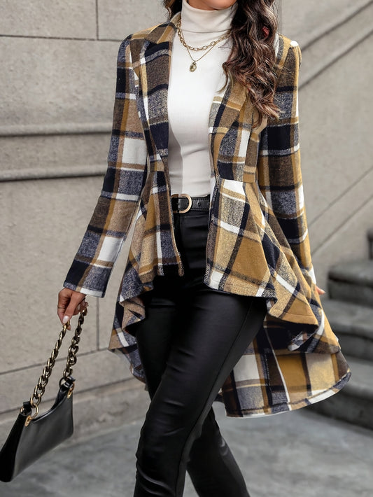 Stylish Plaid Flare Jacket - Elegant Long Sleeve High-Low Hem, Button Front, Fall & Winter Essential, Women's Fashion Clothing for Chic Style