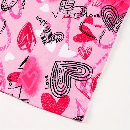 Vintage Heart Print V-Neck Scrubs Top - Soft, Breathable, Short Sleeve, Patched Pockets, Relaxed Fit Nurse Uniform for Women - Comfortable, Easy Care, and Stylish Medical Clothing