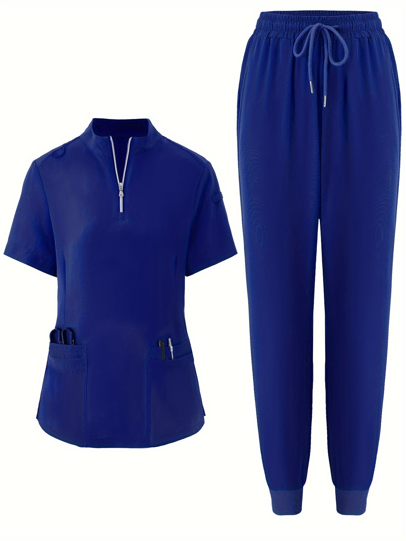 Two-Piece Solid Nurse Uniform Set - Zipper Front V Neck Short Sleeve Top & Long Length Pocket Pants with Micro Elasticity - Polyester, Casual, Solid Color, No Printing, All Seasons Wear