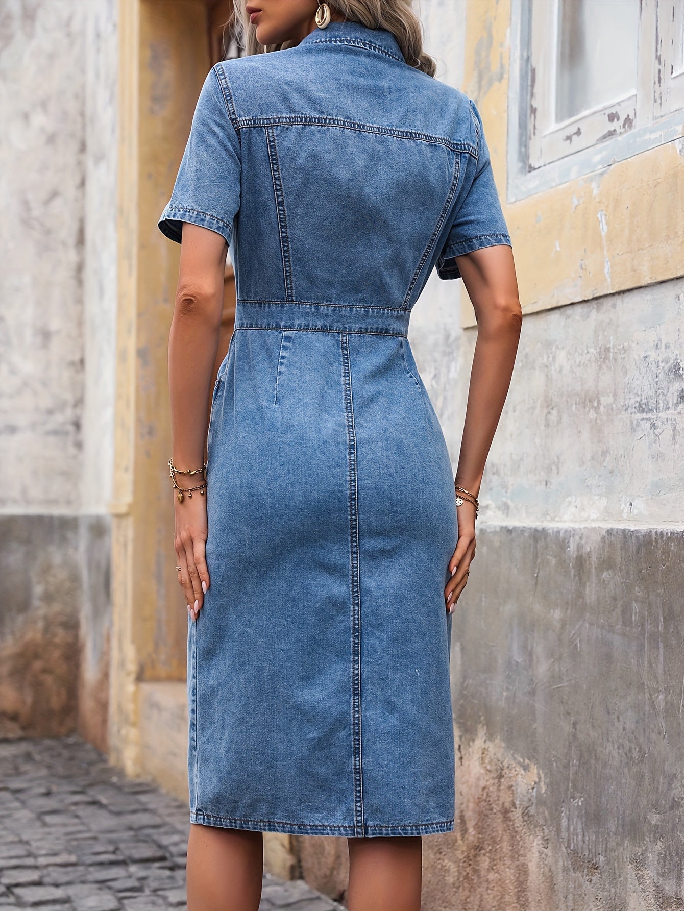 Midi Length Fitted Denim Dress - Classic Button Front, Solid Color, Non-Stretch, Woven Fabric, Elegant Silhouette, Casual Style, Suitable for All Seasons