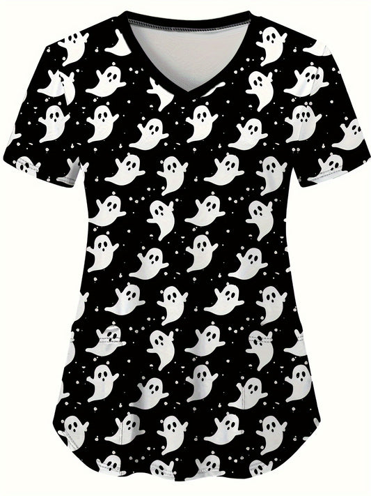 Vintage Halloween Ghost Print V-Neck Scrub Top for Women, 100% Polyester, Comfortable Medical Uniform with Pockets, Slight Stretch, Short Sleeve Workwear for Hospital and Dental Clinic