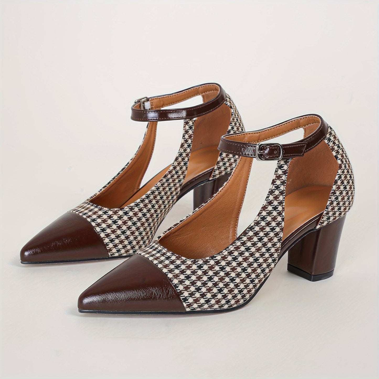 Mid Heel Womens Houndstooth Pattern Ankle Strap Shoes - Soft, Lightweight, Elegant Pointed Toe Dress Shoes with Block Heel, Faux Leather Insole, and Rubber Sole - Perfect for All-Season Wear