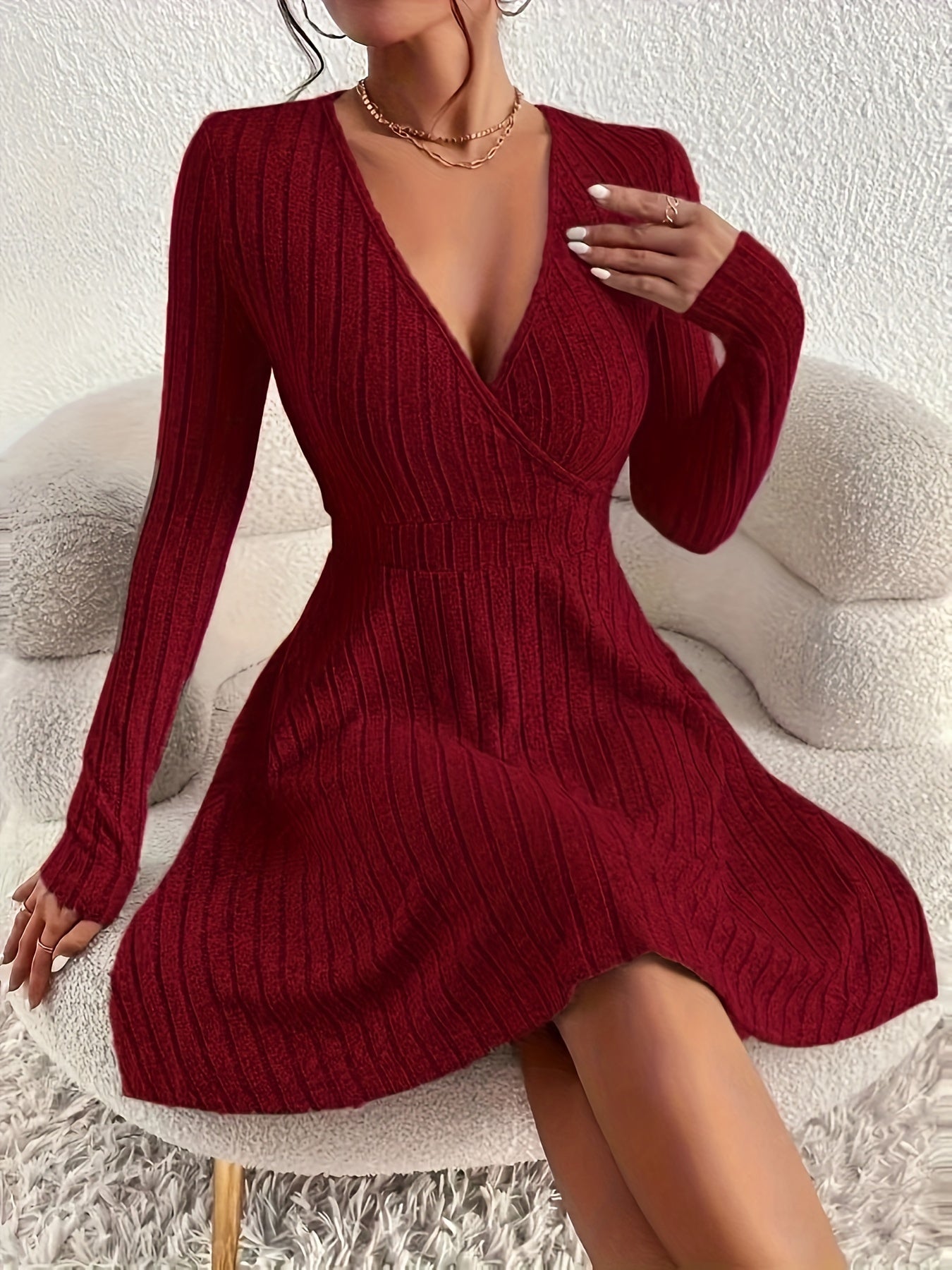 Plus Size Solid Ribbed Dress - Flattering Casual Style with Surplice Neck and Long Sleeve - Designed for Curvy Women, Plus Size Range