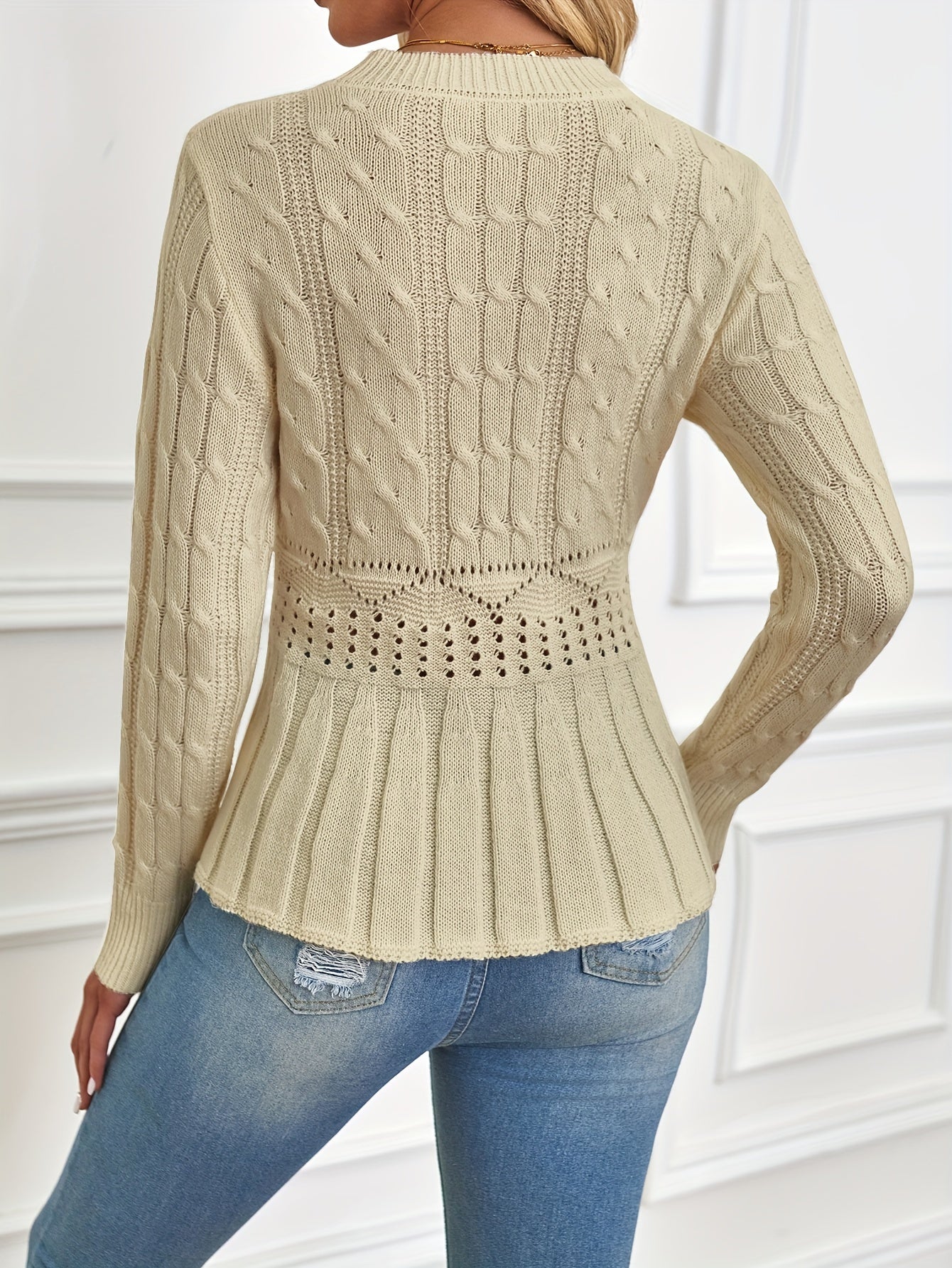 Womens Solid Cable Knit Crew Neck Sweater - Cozy & Stylish Hollow Out Design - Perfect for Fall & Winter Wardrobe - Long Sleeve Versatile Top