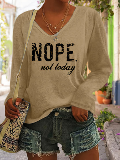 Plus Size Nope Print V Neck T-Shirt - Plus Size T-shirts for Women, Casual Long Sleeve Top with Relaxed Fit for Spring and Fall Seasons