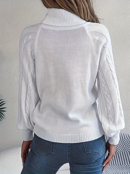 Women's Sweater with High Collar, Textured Buttons and Lantern Sleeves