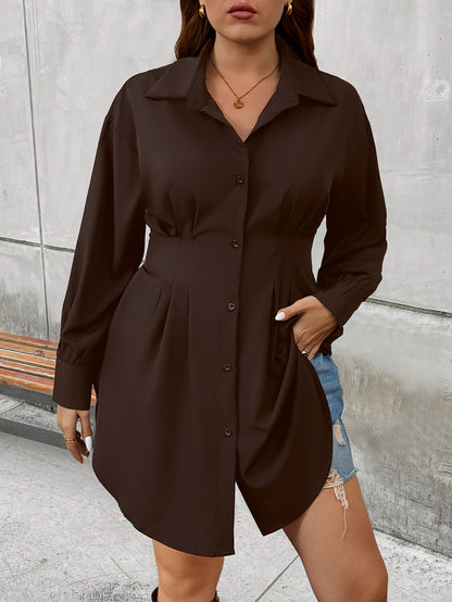 Women's Plus Size Solid Cinched Waist Button Front Long Sleeve Shirt - Elegant Style