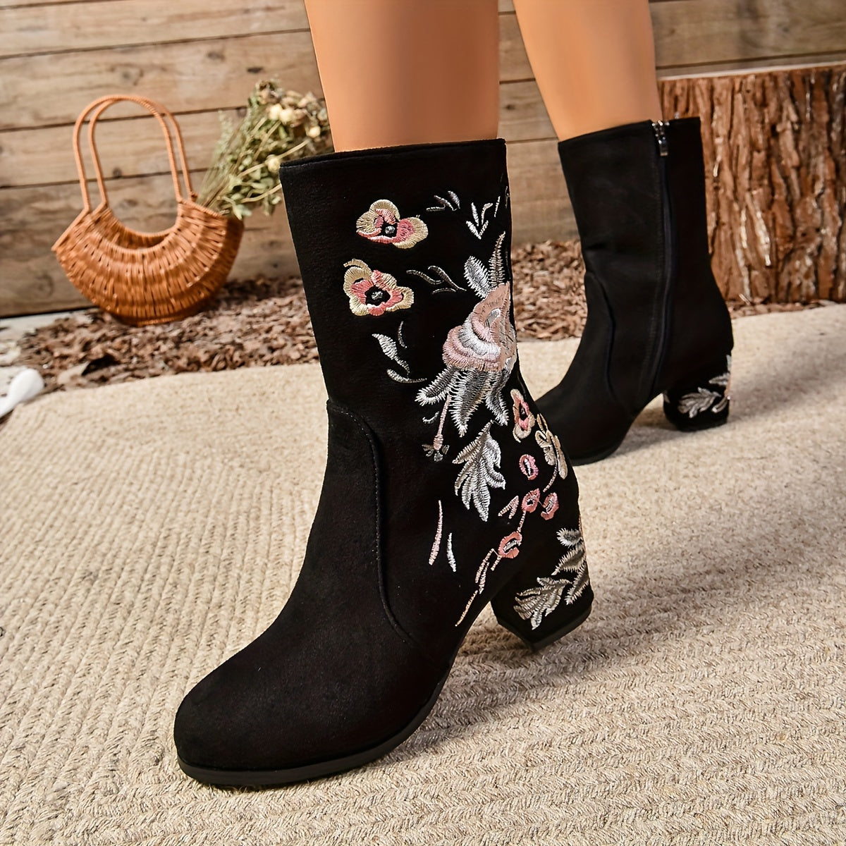 Women's Flower Pattern Chunky Heel Boots, Fashion Side Zipper Dress Boots, Women's Stylish Ankle Boots - LuxyXO