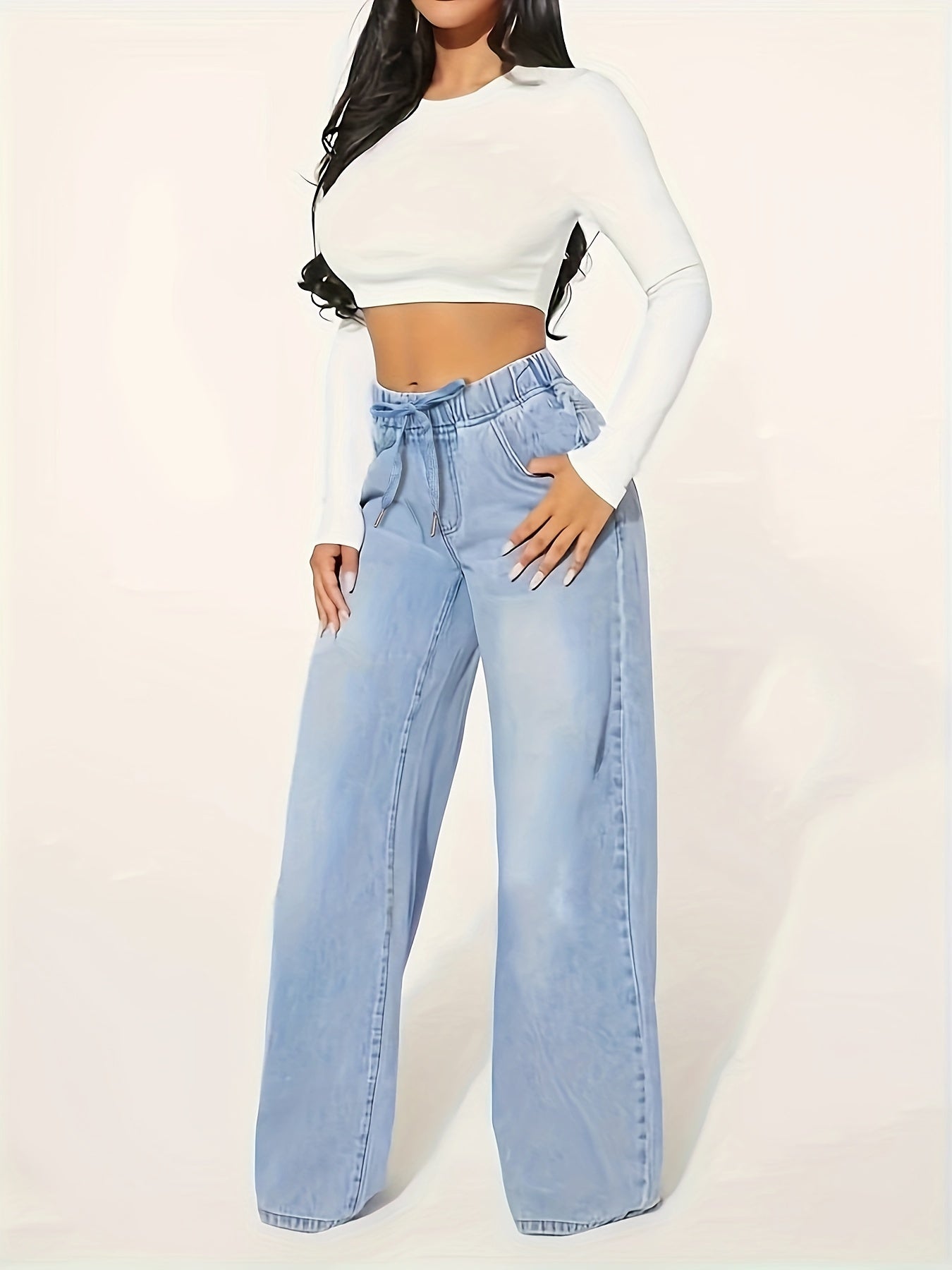 Plus Size Women's Drawstring Elastic Waistband Loose Fit Jeans in Classic Washed Blue, Stylish and Comfortable Denim Pants.