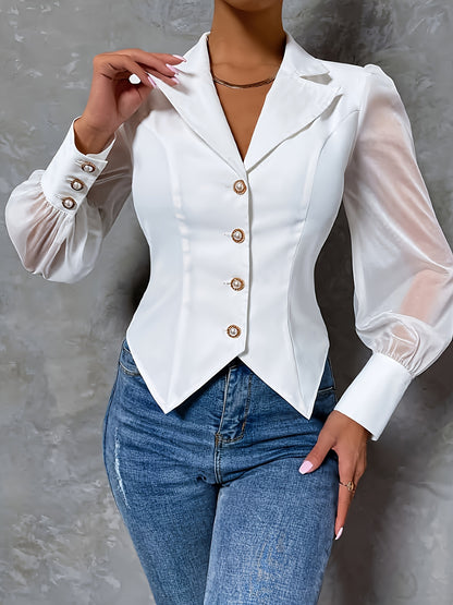 Blusa elegante de manga larga con cuello con muescas, botones elegantes en el frente, puños con efecto ilusión, ajuste cómodo para primavera y otoño. Ropa de moda femenina para el trabajo o uso diario.