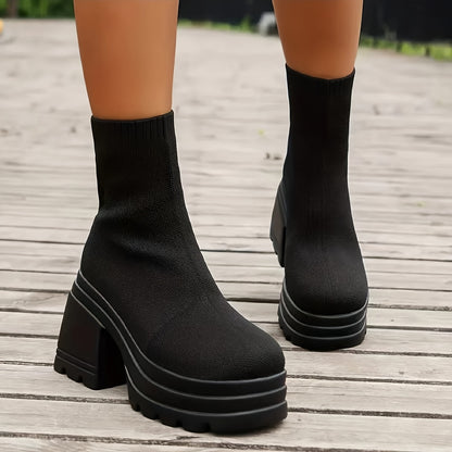 Womens Fashion Solid Color Slip-On Chunky Heel Platform Boots - Effortless Comfort, Airy Knit, Casual Chic Style