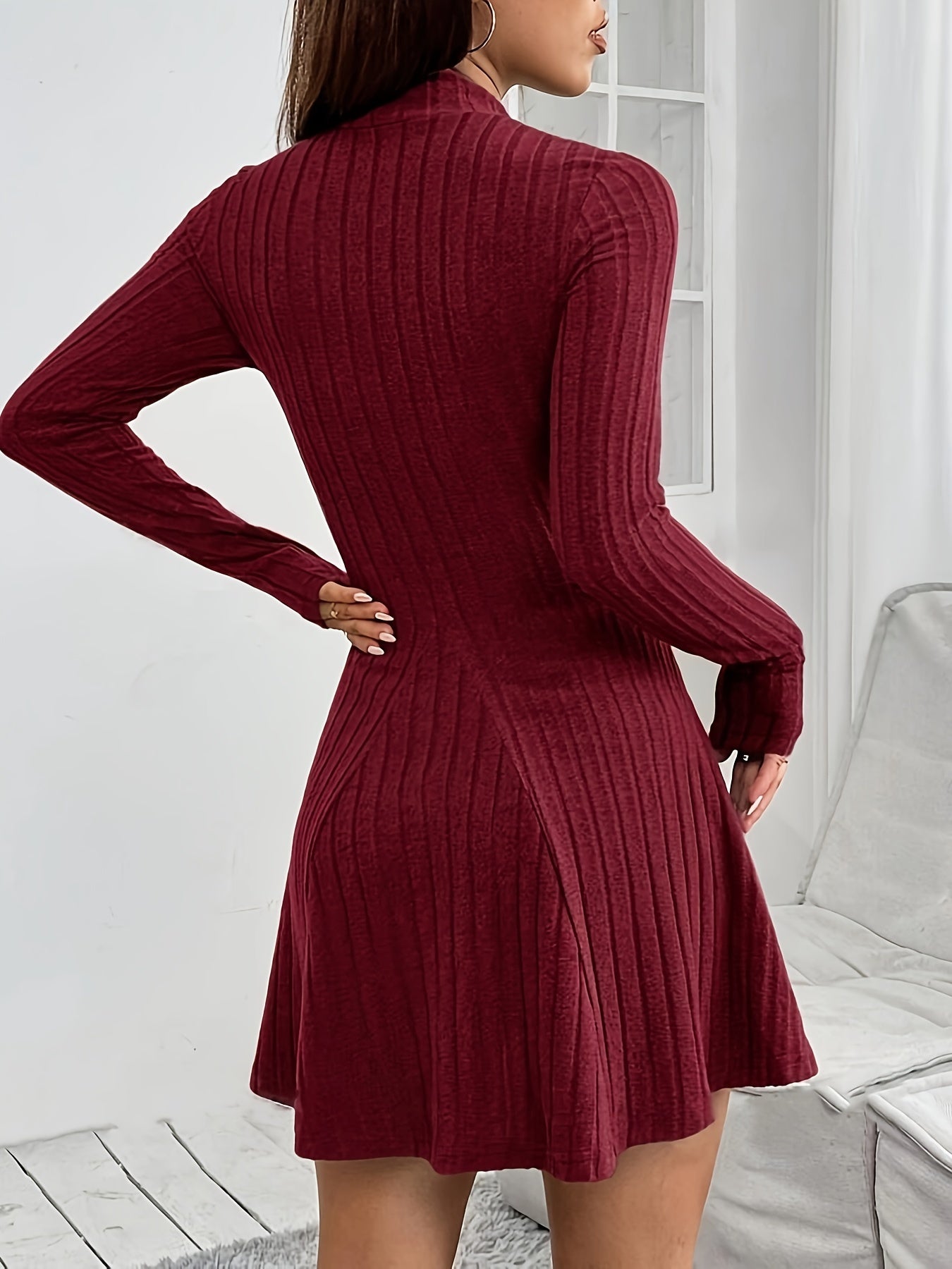 Elegant High Neck Ribbed Knit Dress for Women - Polyester Blend Winter Fitted Long Sleeve Solid Color Dress