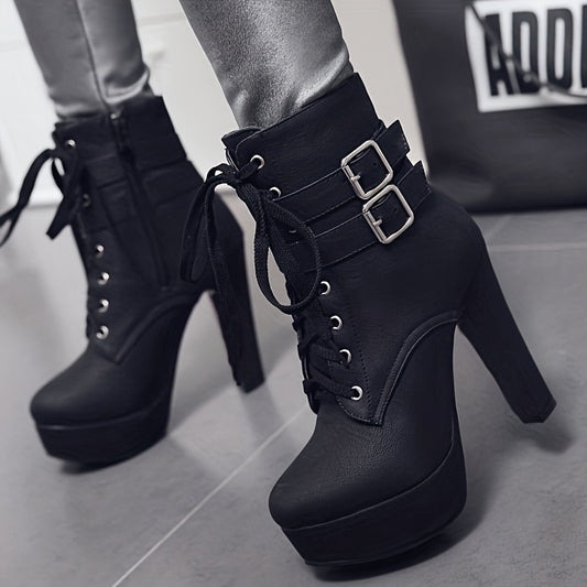 Womens Fashion Solid Color Lace-Up High Heel Boots - Stiletto Heel with Stable Block Base - Secure Buckle Ankle Strap - Trendy & Comfortable