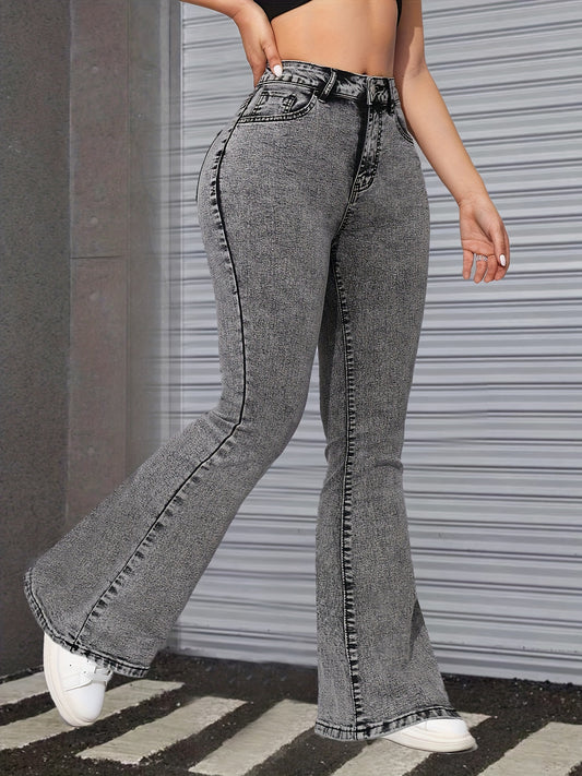 Washed Grey Flare Leg Casual Style Zipper Button Closure Denim Jeans