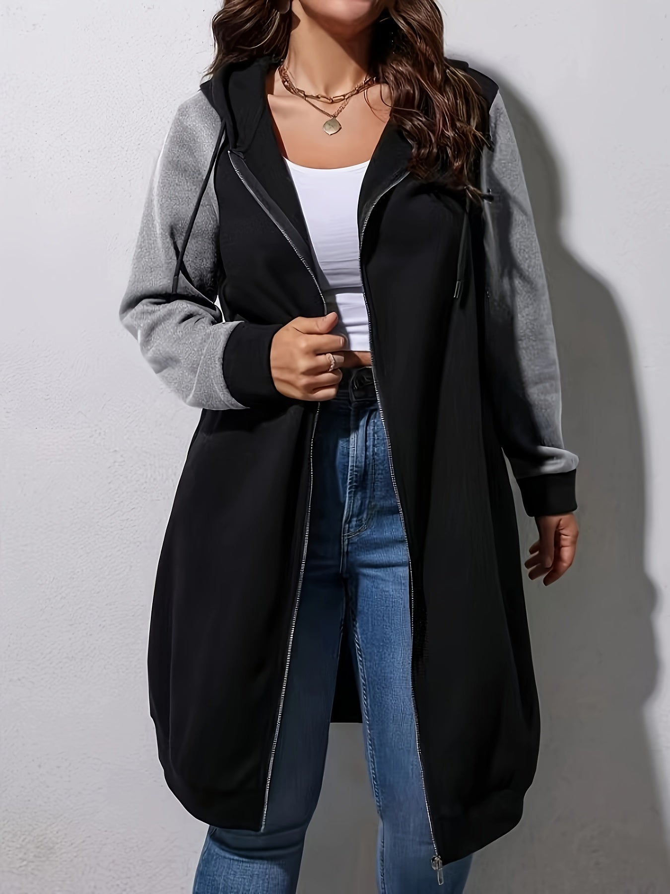 Plus Size Color Block Hooded Coat, Casual Drawstring Zipper Front Long Sleeve Outerwear For Fall, Women's Plus Size Clothing