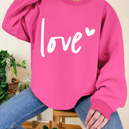 Plus Size Love Print Sweatshirt, Casual Long Sleeve Crew Neck Pullover Sweatshirt