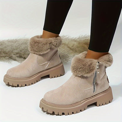 Women's Fashion Ankle Boots - Cozy Plush Lined Winter Platform Shoes with Side Zipper, Solid Color Fabric Upper & TPR Sole - LuxyXO