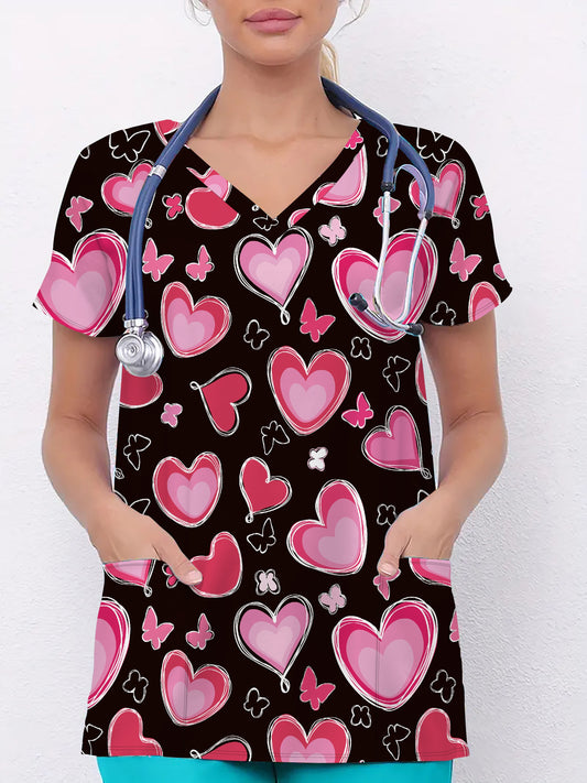 Heart Print V Neck Tops, Elegant Short Sleeve Patched Pockets Top For Medical Care, Women's Clothing