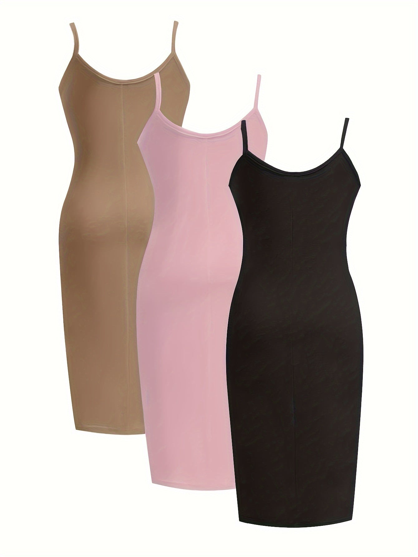 Conjunto de 3 vestidos camiseros de talla grande: vestidos ajustados de estiramiento medio con cuello redondo sólido para uso diario para mujer: suaves, transpirables y cómodos