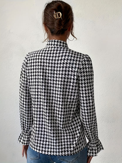 Elegant Houndstooth Blouse for Women: Ruffle Lantern Sleeves, Durable & Stylish for Spring/Fall