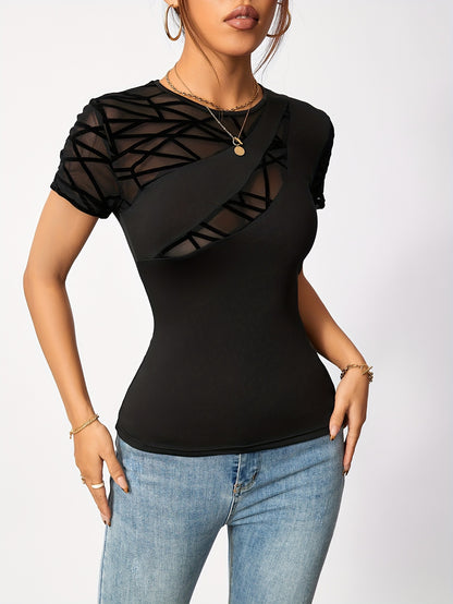 Camiseta elegante de cuello redondo con malla en contraste para mujer: manga corta lisa transpirable, corte entallado semitransparente para primavera y verano