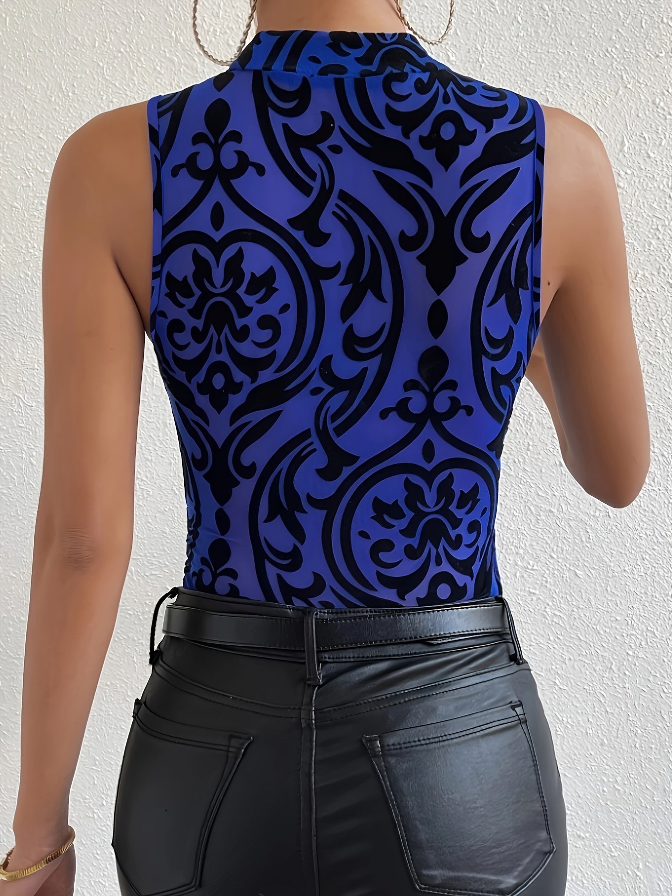 Body elegante con cuello alto y estampado floral - Diseño sexy sin mangas semitransparente - Ajuste entallado para moda de primavera y verano - Ropa informal diaria para mujer