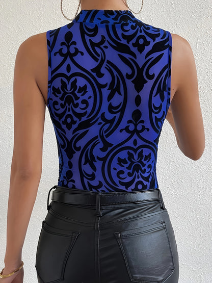 Body elegante con cuello alto y estampado floral - Diseño sexy sin mangas semitransparente - Ajuste entallado para moda de primavera y verano - Ropa informal diaria para mujer