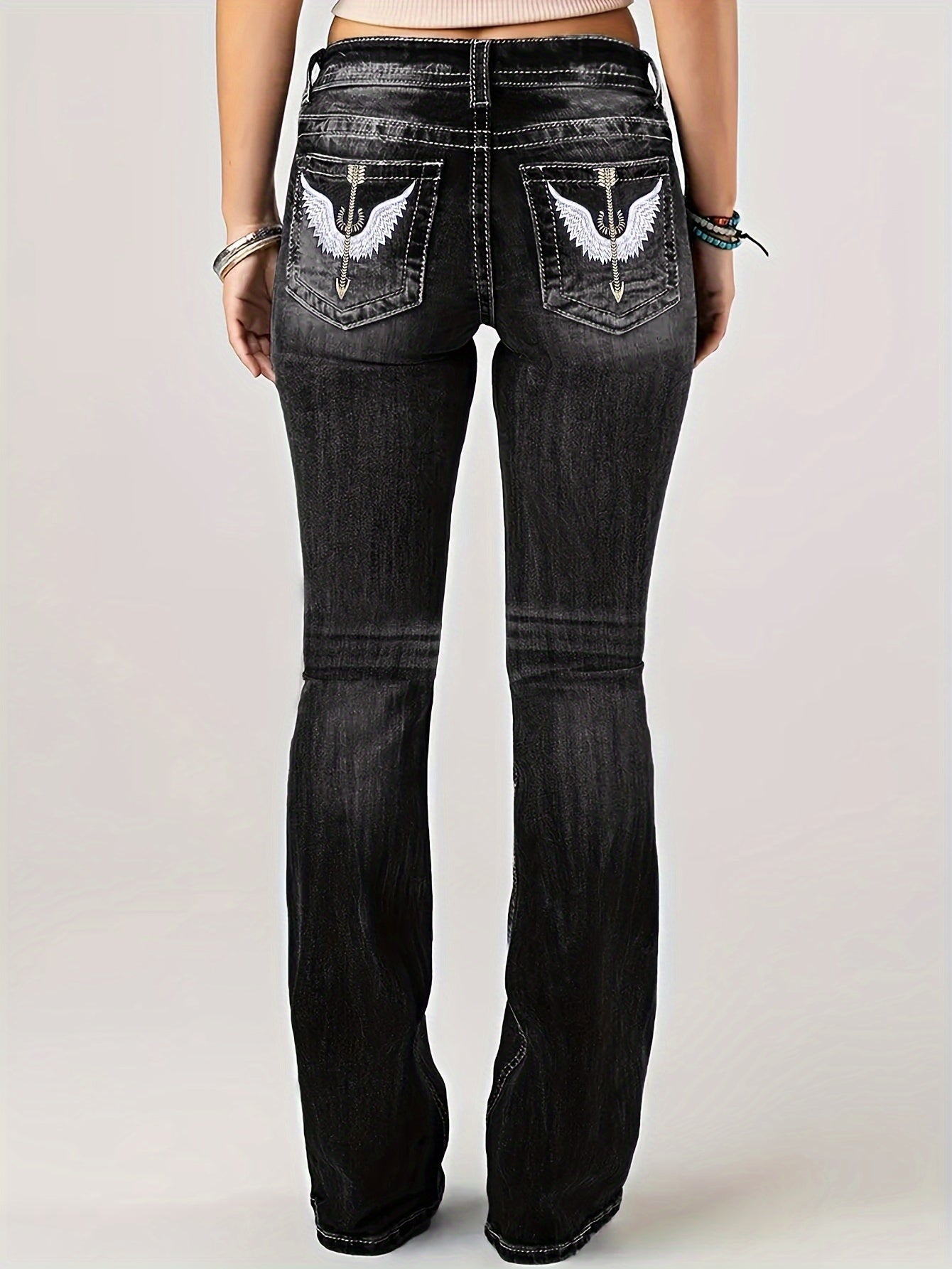 Stylish Black Wing Embroidered High-Waisted Jeans - LuxyXO