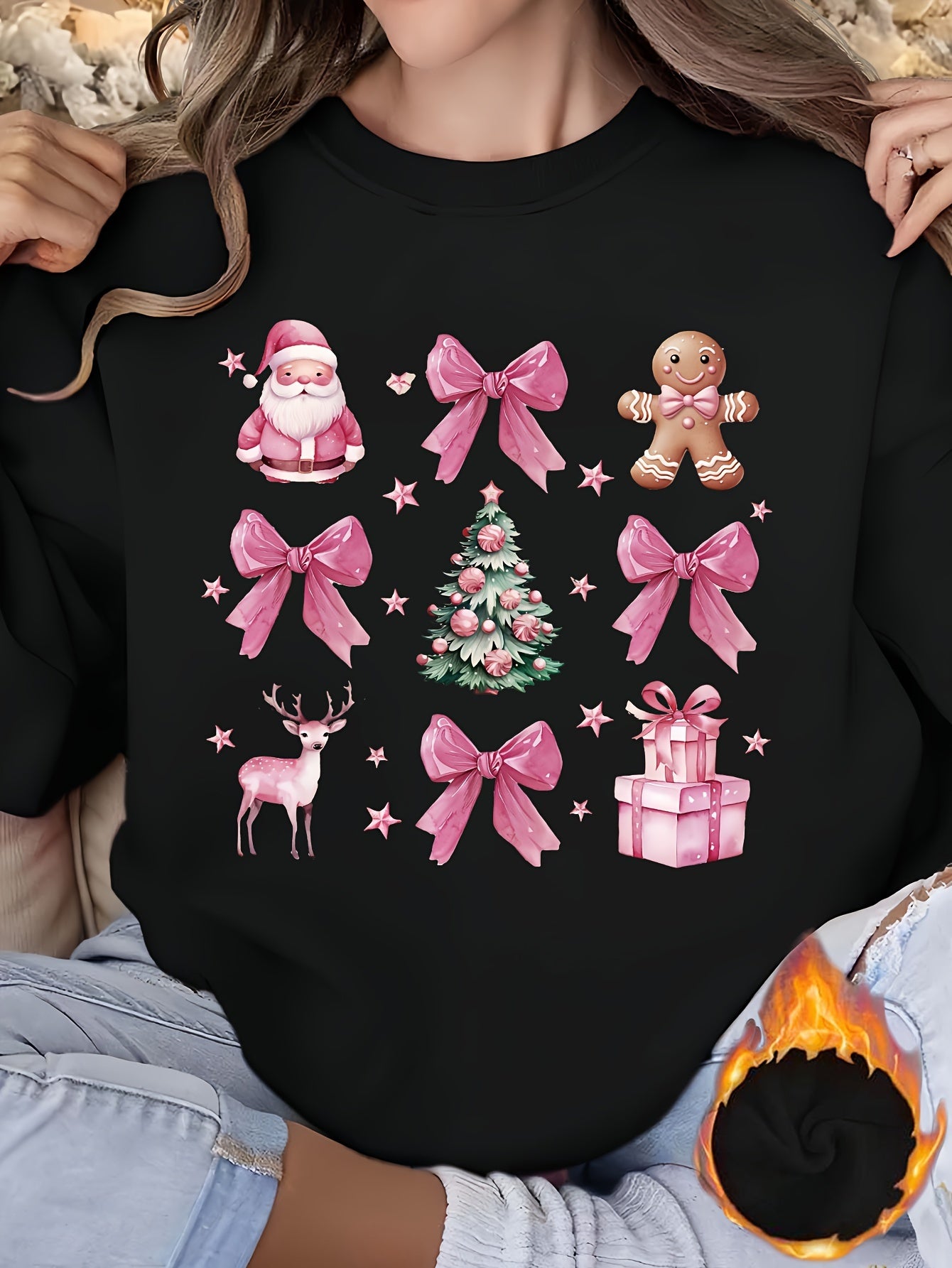 Cozy Fleece-Lined Christmas Santa Claus & Bow Print Sweatshirt for Women - Casual Crew Neck, Long Sleeve Pullover with Kangaroo Pocket, Machine Washable Polyester Blend, Perfect for Fall/Winter