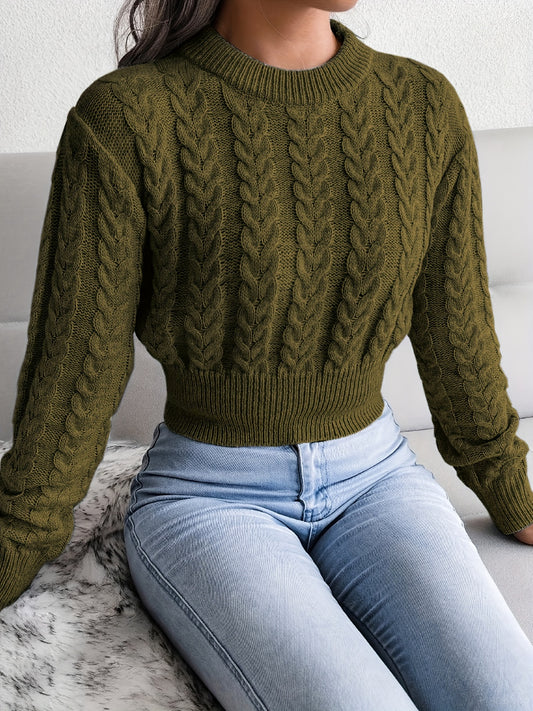 Solid Crew Neck Cable Knit Sweater, Casual Long Sleeve Pullover Sweater, Women's Clothing