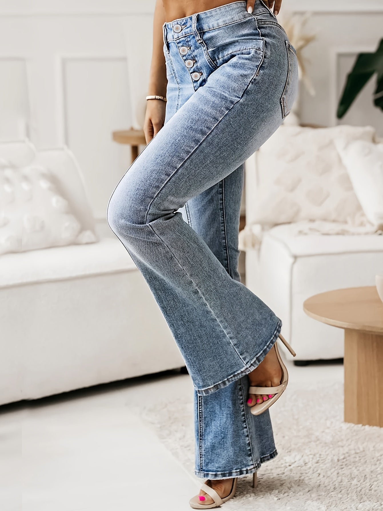 Plus Size Women's Stretchy Flare Jeans - Soft, Comfortable, Single-Breasted, Button-Front, Casual Style, High-Waisted, Five-Pocket Design, Faded Wash, Perfect for Daily Wear