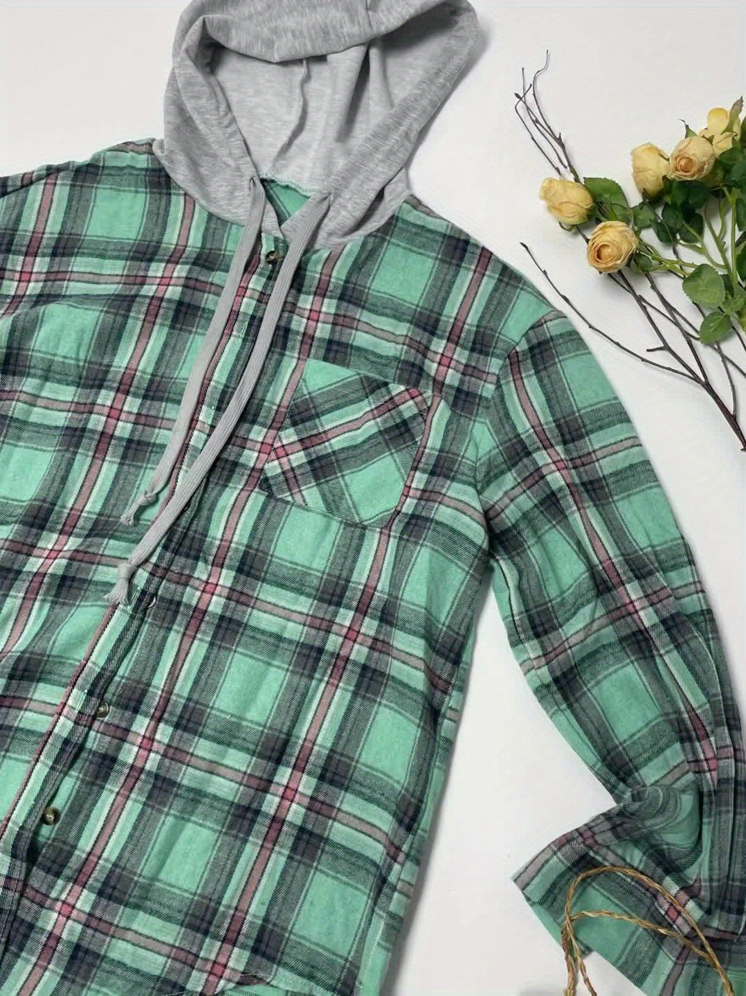 Cozy Plaid Hooded Long Sleeve Jacket Hoodie - Soft, Breathable, Casual Wear for Spring & Fall - Women's Comfortable Clothing for Outdoor Activities