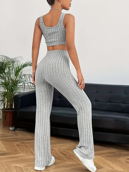 Chic Ribbed Two-piece Outfit Set - Soft Crop Tank Top & High Waist Pants - Flattering Casual Wear for Women