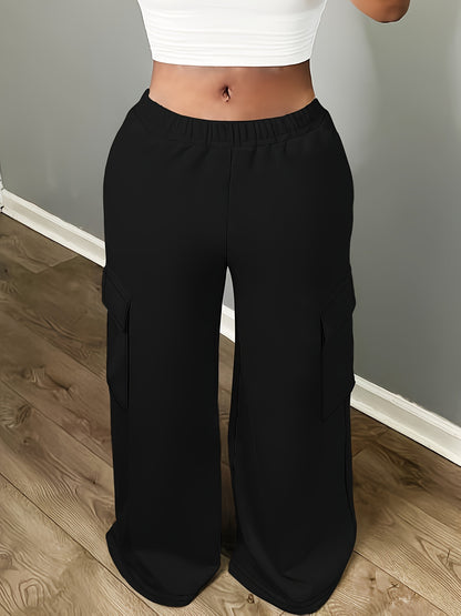 Stylish Plus Size Cargo Pants - Women Plus - Loose Fit, Flap Pockets, Elastic Waist, Drawstring