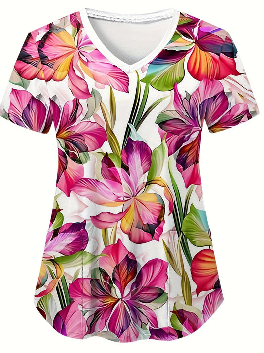 Blusa médica moderna con cuello en V y estampado floral para mujer, mangas cortas cómodas y bolsillos de parche elegantes, perfecta para profesionales médicos y ropa informal