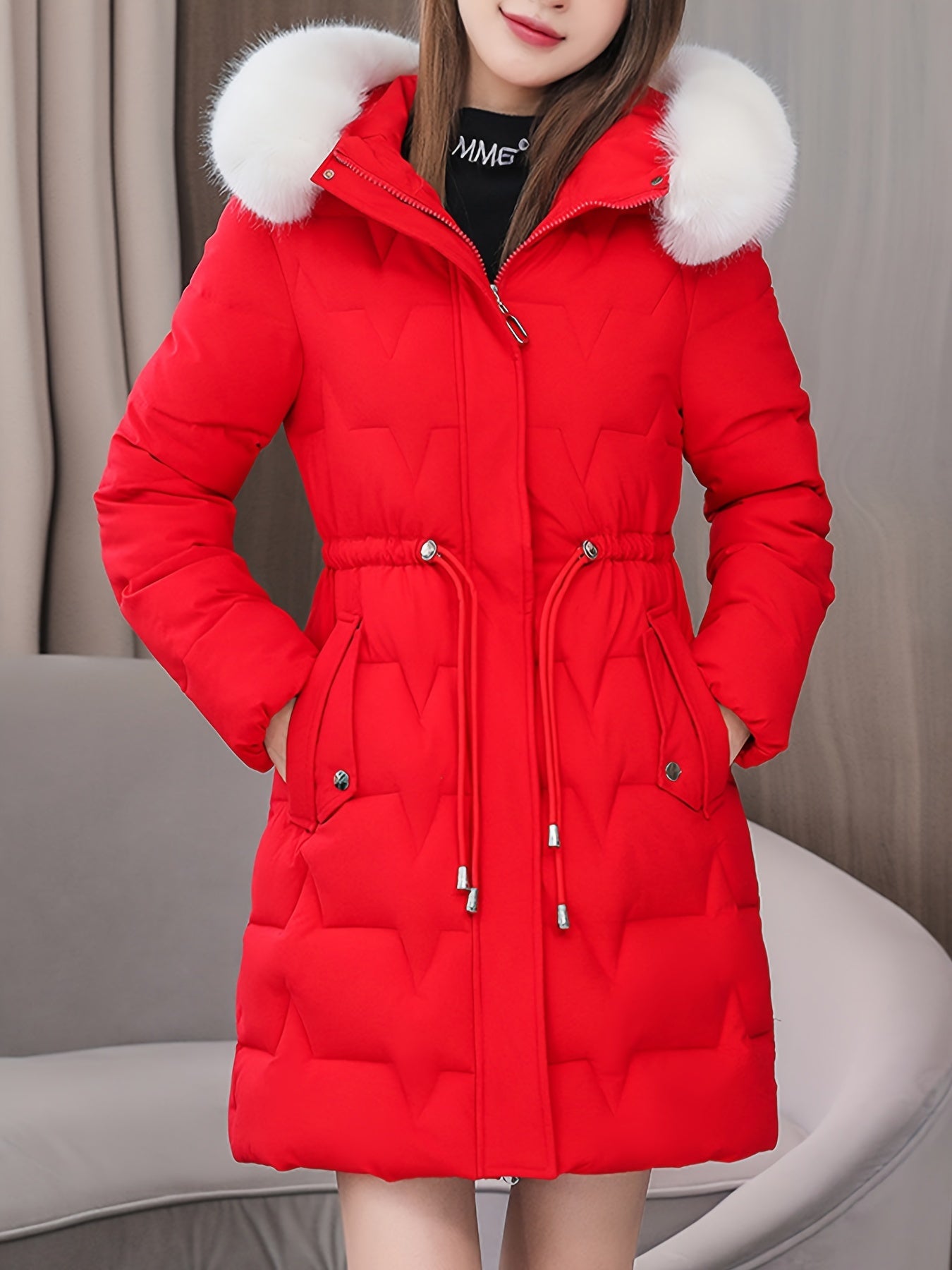 Elegant Women's Winter Coat with Detachable Hood - Long, Warm Puffer Jacket with Faux Fur Trim & Drawstring Waist