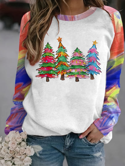 Christmas Colorful Tree Print Sweatshirt, Cute Color Block Crew Neck Sweatshirt, Women's Clothing