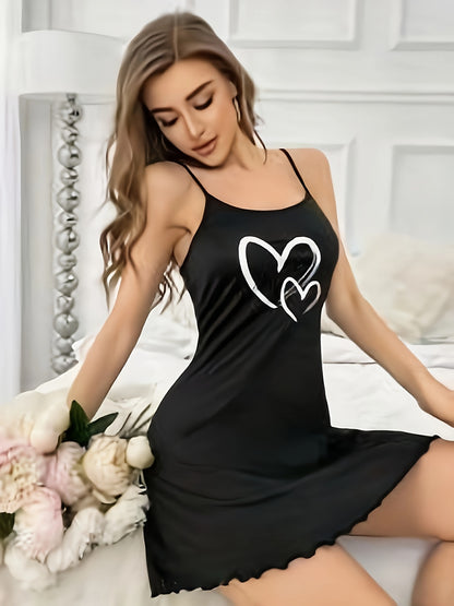 Vestido de tirantes finos con estampado de corazones, vestido camisola informal con ribete en forma de lechuga para primavera y verano, ropa de mujer