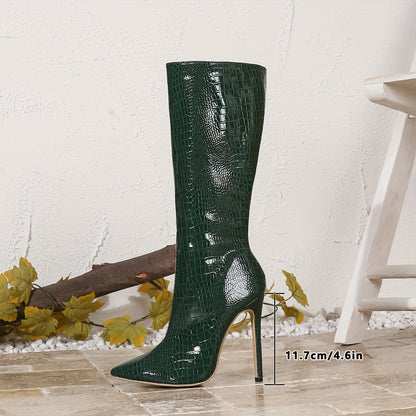 Elegant Crocodile Pattern Knee-High Stiletto Boots