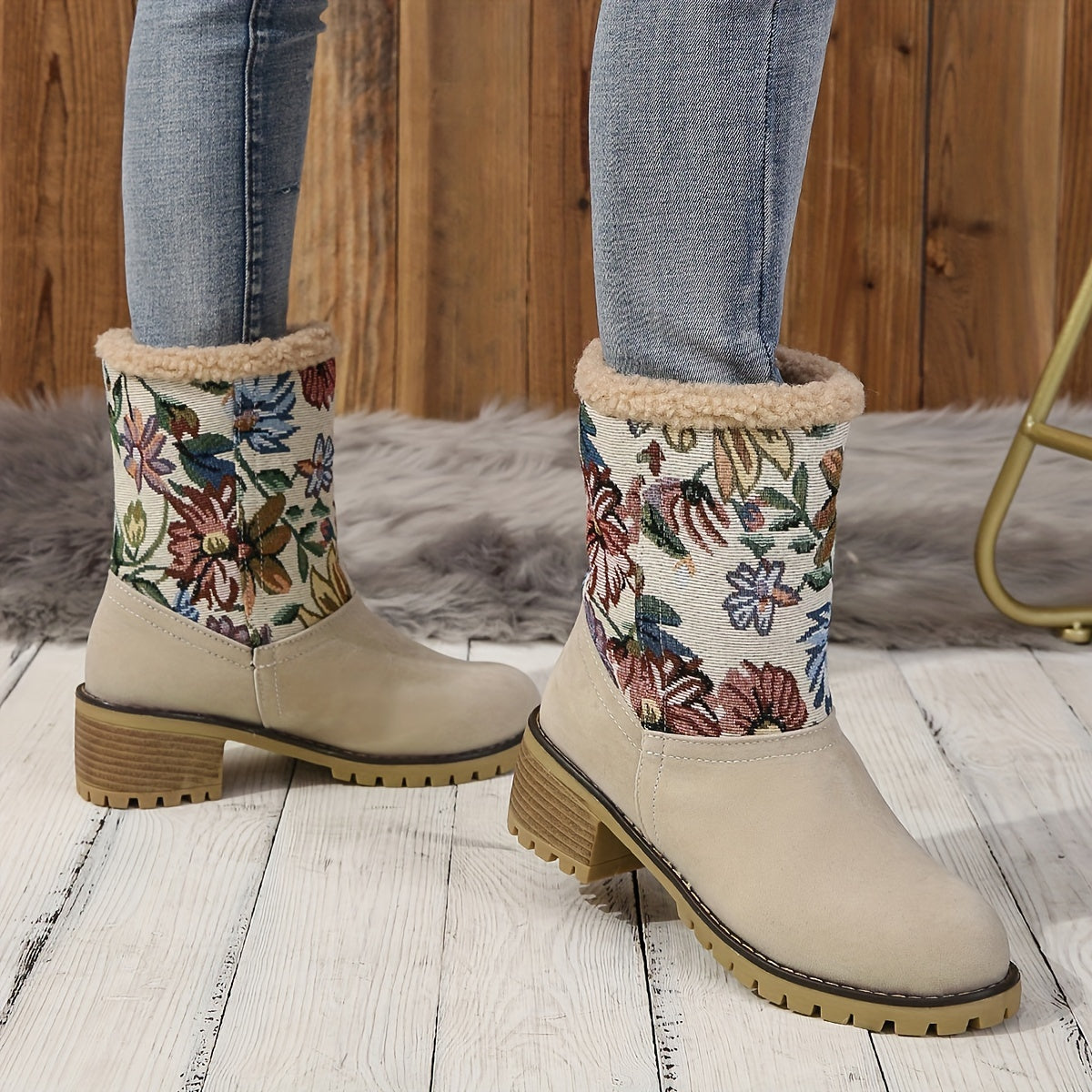 Women's Floral Print Fuzzy Boots, Slip On Soft Sole Chunky Heel Soft Sole Boots, Winter Non-slip Plush Snow Boots - LuxyXO