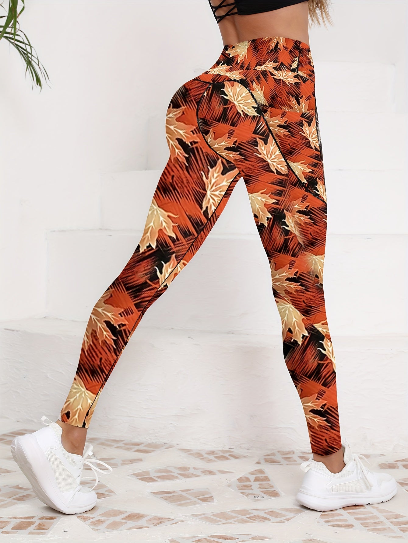 Women's High Waist Yoga Leggings With Pockets, Maple Leaf Print Workout Pants - All Season Fitness Tights