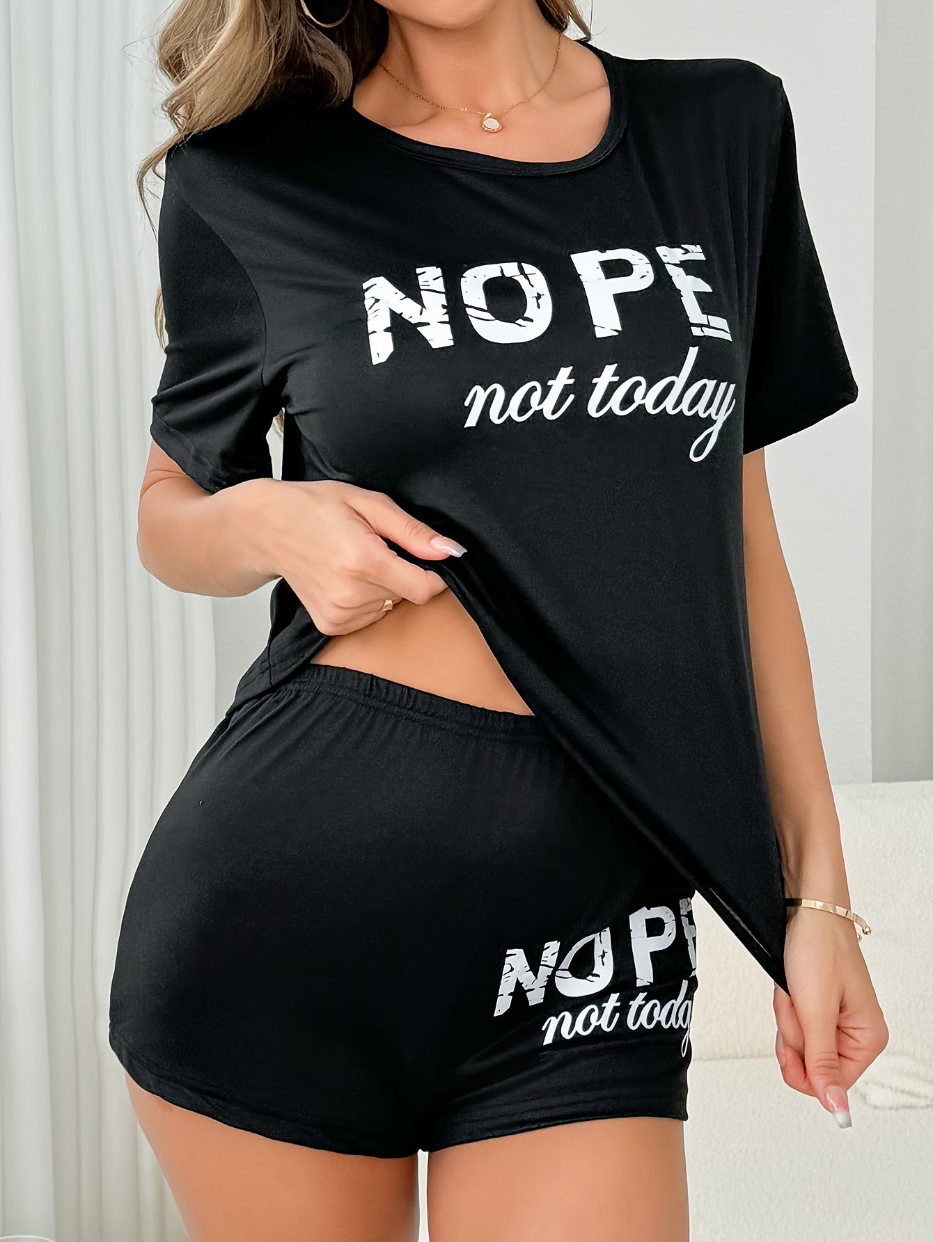 Relaxed Fit "NOPE not Today" Graphic Print Short Sleeve T-Shirt and Shorts Pajama Set